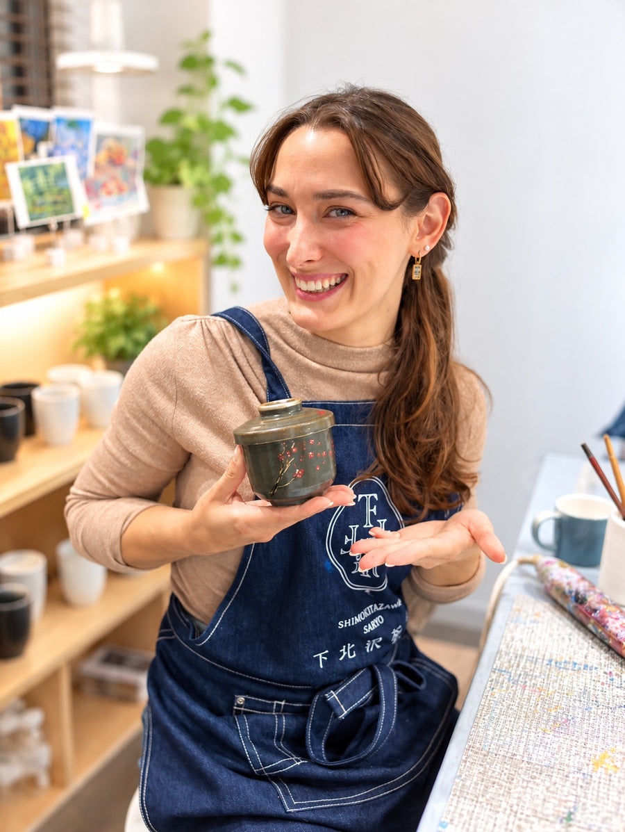 茶寮のエプロンを着用したお客様と絵付けした茶器