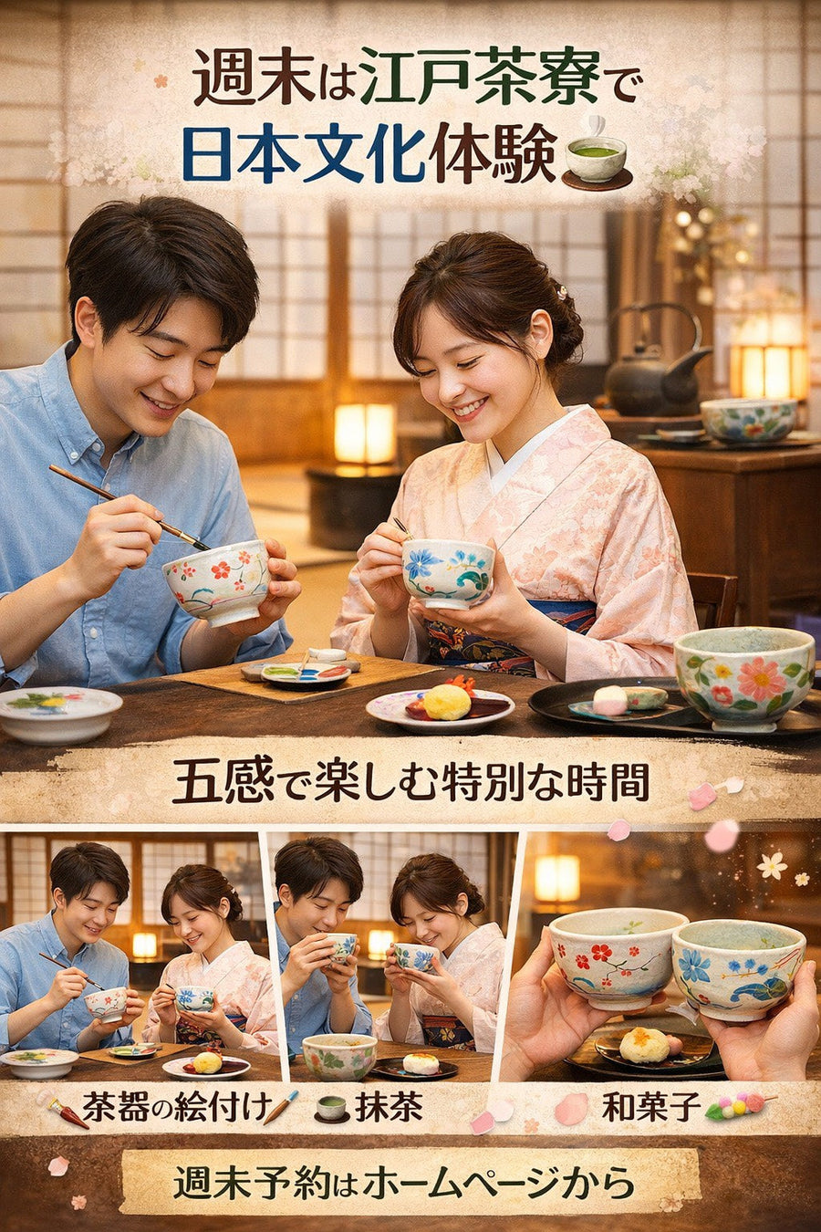 渋谷で週末に楽しむ日本文化体験｜江戸茶寮  茶器の絵付けと抹茶・和菓子を楽しむ特別な時間  週末に、少し特別な時間を過ごしてみませんか。