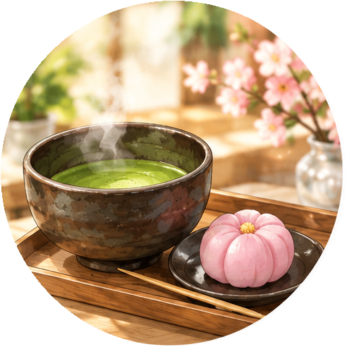 絵付けした茶器で抹茶と和菓子